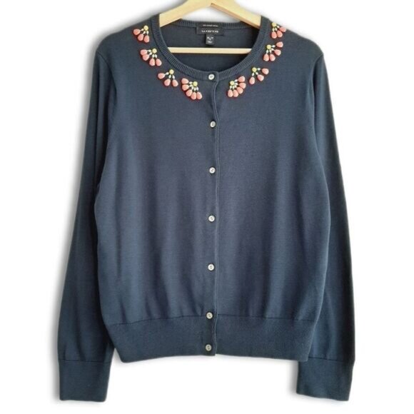 LAND'S END 100% Supima Cotton Gem Neckline Button Down Cardigan Navy Sz XL P 18 - Picture 1 of 11